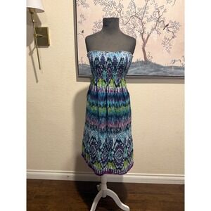 Cato Womens Strapless Smocked Midi Dress Blue Purple Ikat Sequin Boho Size Large